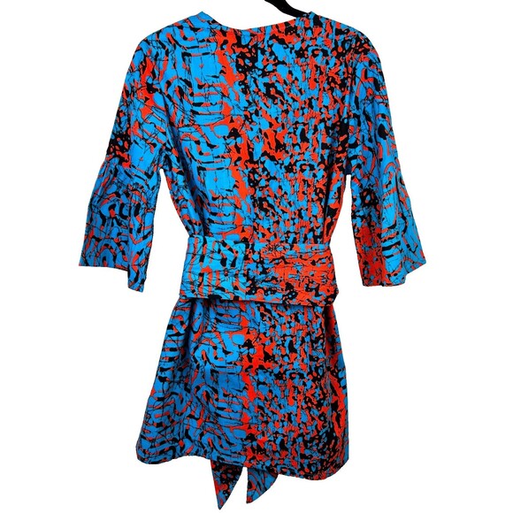 The OULA Company Tie Front Split Neck Dress Blue Orange Print Bell Sleeves S EUC - Picture 6 of 12